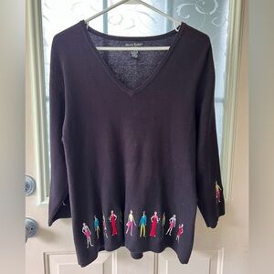 Alexandra Bartlett woman size 1x v neck black sweater with embroidered figures